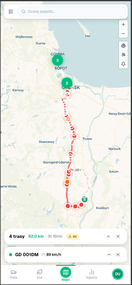 Widok mobilny: Pojazdy, strefy i statusy na żywo