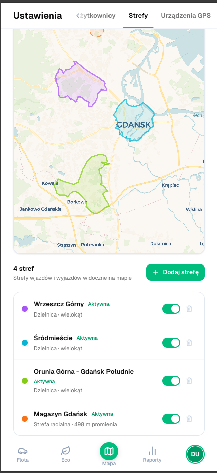 Widok mobilny: Wjazdy, wyjazdy i punkty pracy